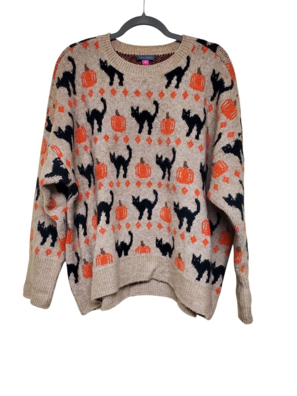 Vince Camuto Women's Tan Black Cat Pumpkin Super Plush Halloween Sweater Size XL